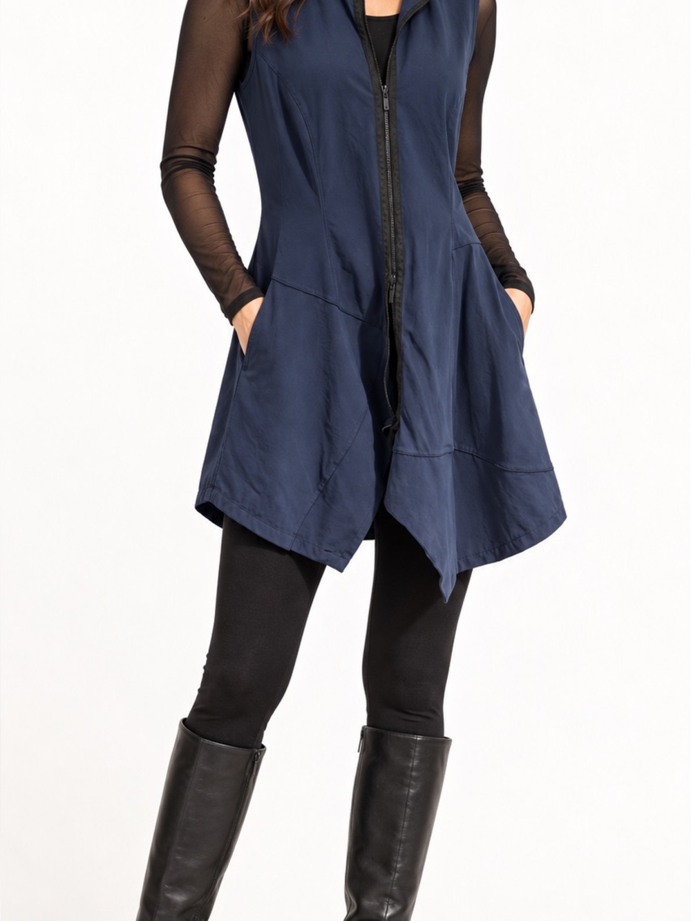 Ozai N Ku Navy Zip Front Long Vest Tunic Pockets Size 1